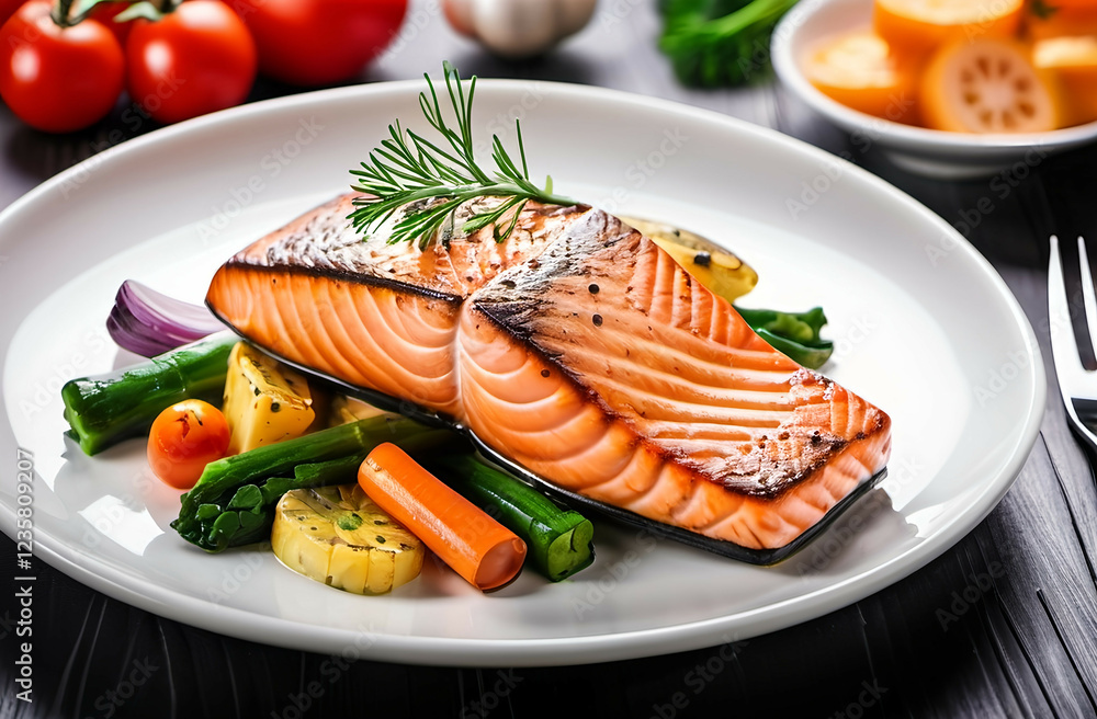 salmon steak with vegetables salmon steak with vegetables