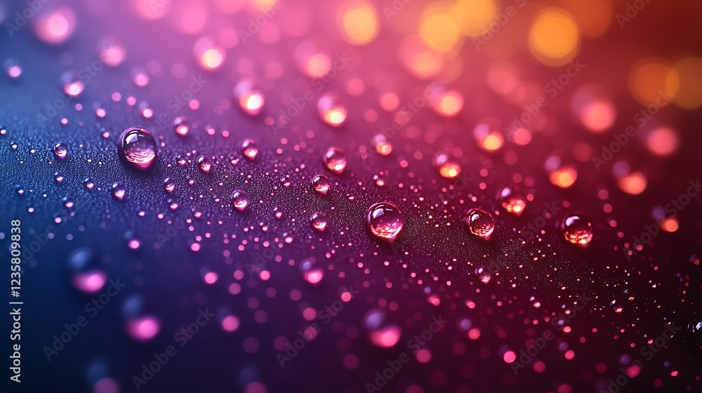 Colorful water drops on dark surface, bokeh background Colorful water drops on dark surface, bokeh background
