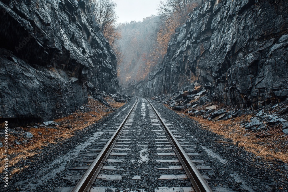 Fototapeta premium Train tracks through autumnal mountain gorge.