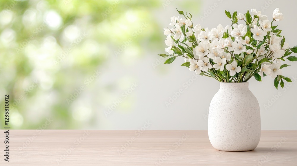 White flowers in vase on table, blurred green background, spring decor White flowers in vase on table, blurred green background, spring decor