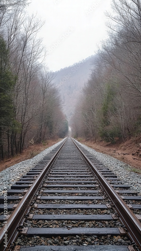 Fototapeta premium Railroad tracks vanish into misty mountain valley; autumn. Use Travel poster.