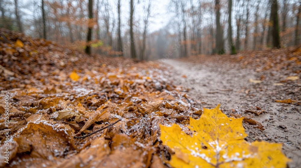 Frosty autumn path in forest; nature background Frosty autumn path in forest; nature background