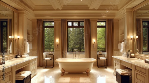 Luxurious master bathroom, forest view, elegant design, real estate
