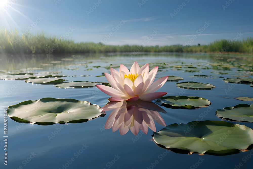 A serene illustration of a lotus flower gracefully floating in a peaceful and tranquil pond. A serene illustration of a lotus flower gracefully floating in a peaceful and tranquil pond.
