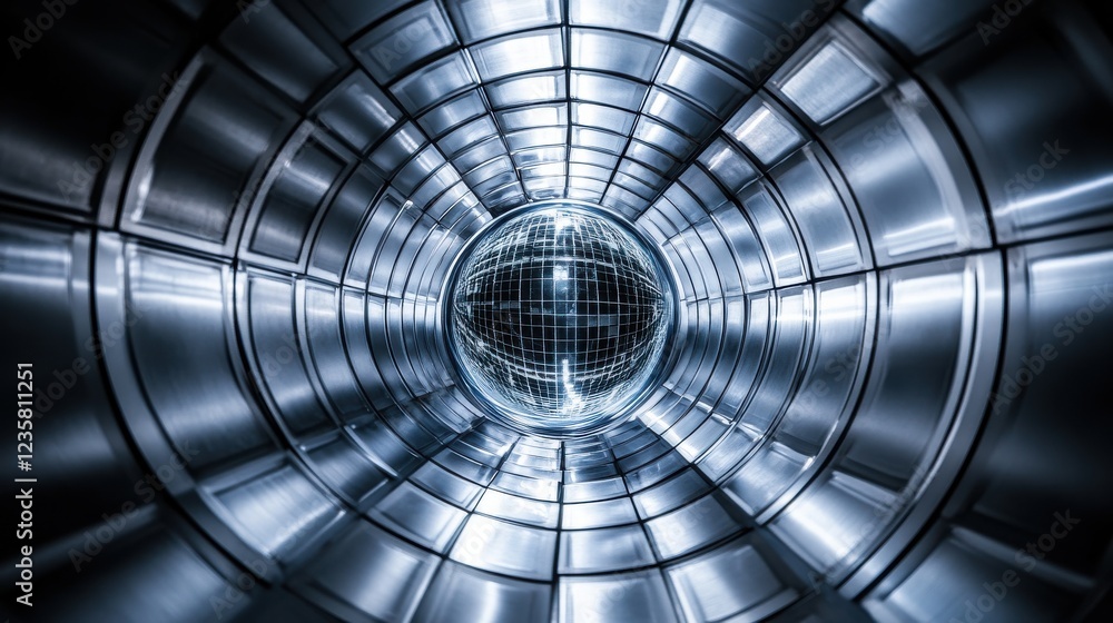 Futuristic tunnel with a glowing sphere at the center, showcasing sleek metallic surfaces and depth Futuristic tunnel with a glowing sphere at the center, showcasing sleek metallic surfaces and depth
