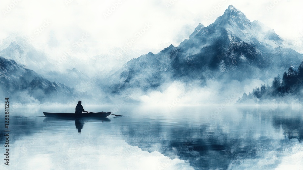 Serene silhouette of a lone rower on a misty lake surrounded by majestic mountains at dawn Serene silhouette of a lone rower on a misty lake surrounded by majestic mountains at dawn