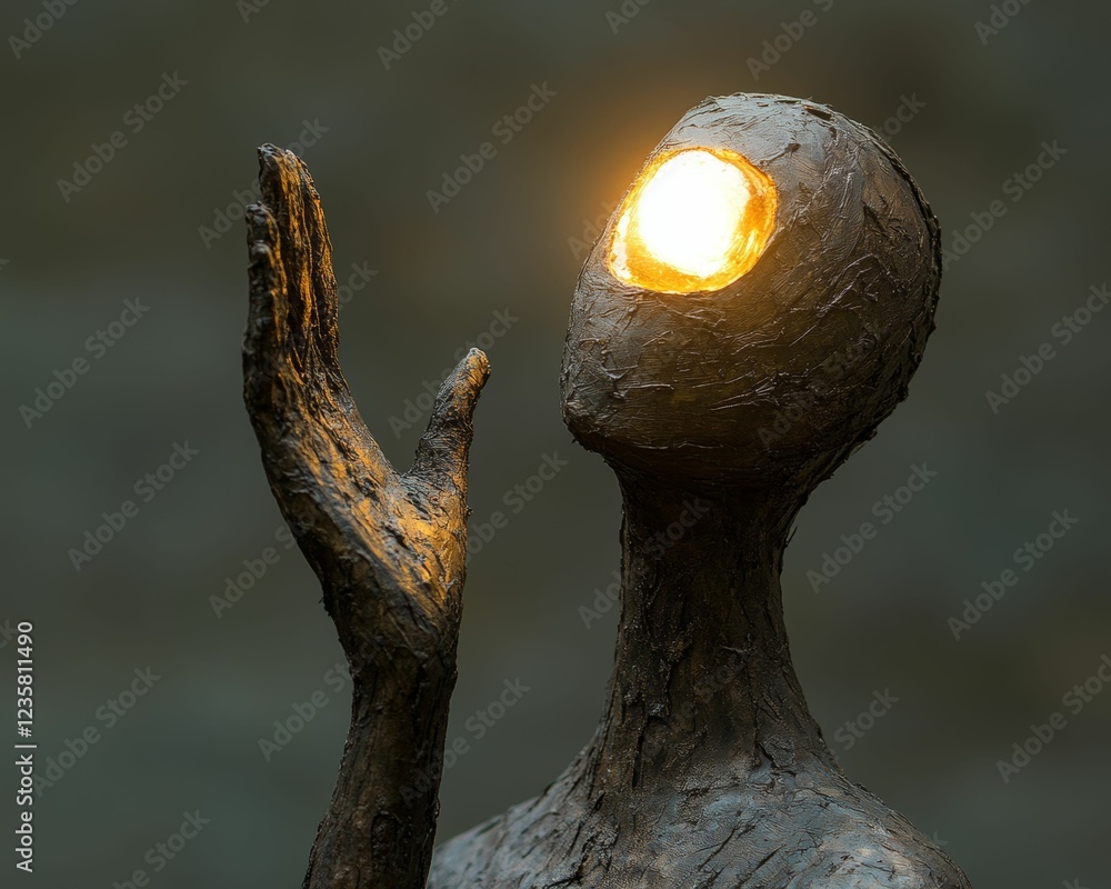 Obraz premium Illuminated sculpture, textured figure, hopeful gaze.