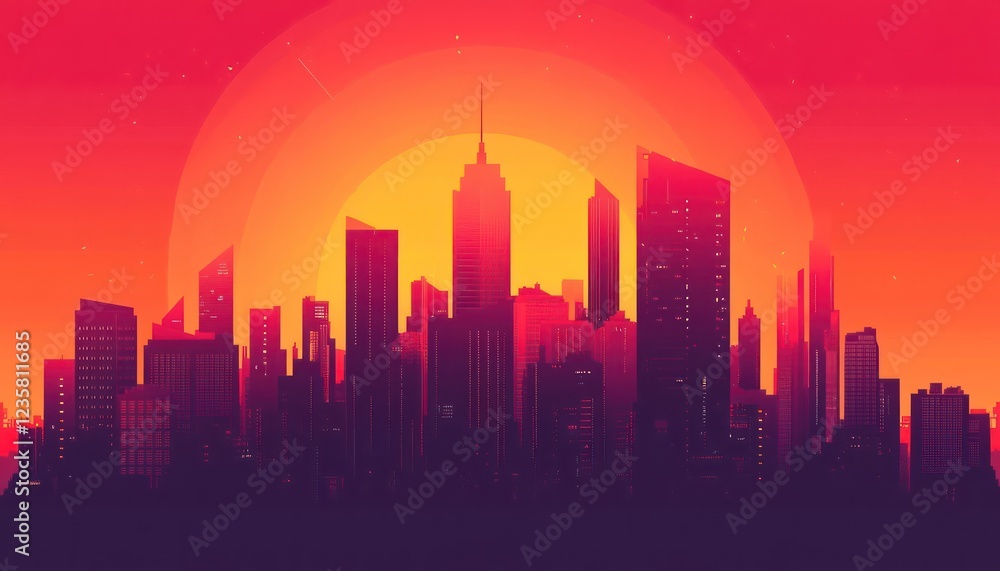 Fototapeta premium Cityscape Silhouette at Sunset Warm Hues
