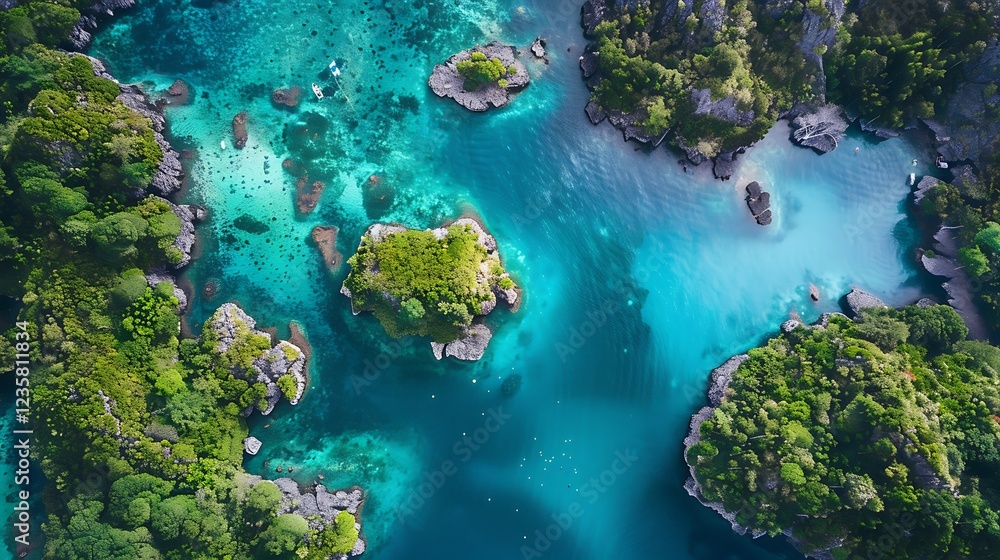 An aerial view of a group of islands forming a natural lagoon, with varying shades of blue and green water. An aerial view of a group of islands forming a natural lagoon, with varying shades of blue and green water.