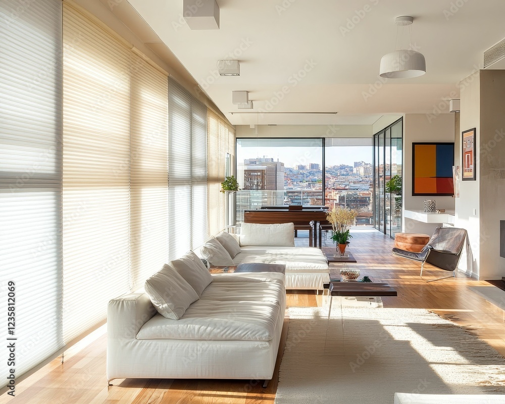 Fototapeta premium Modern penthouse living room, city view, sunlight streaming.