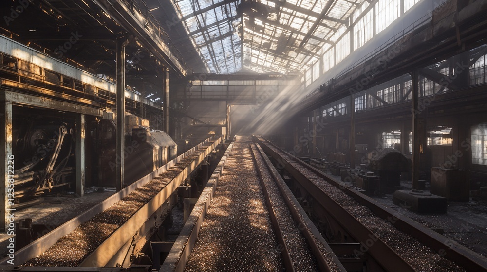 Sunbeams in abandoned factory; rusty tracks, machinery. Industrial photography Sunbeams in abandoned factory; rusty tracks, machinery. Industrial photography