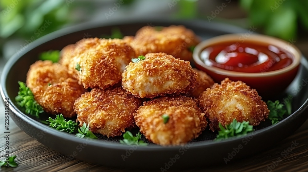 Crispy Chicken Nuggets Served with Ketchup on Plate Crispy Chicken Nuggets Served with Ketchup on Plate
