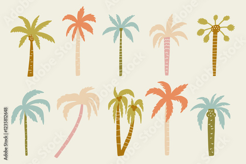 Palm Tree Doodle Boho Set. Tropic Coconut Tree Collection Clipart. Bohemian Vector Isolated Illustration