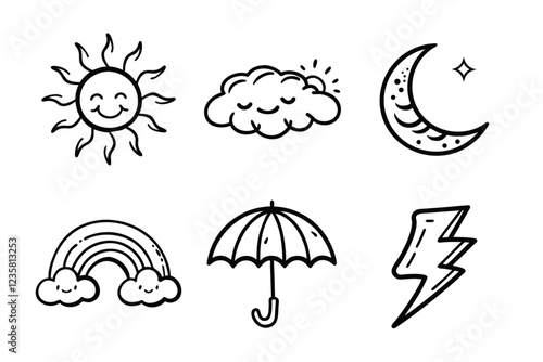 A set of adorable hand-drawn weather icons, including the sun, moon, cloud, rainbow, umbrella, and lightning, in black outline style.