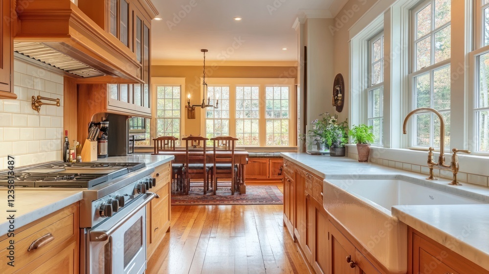 A modern kitchen with wooden cabinets and a dining area, showcasing a warm and inviting space. A modern kitchen with wooden cabinets and a dining area, showcasing a warm and inviting space.