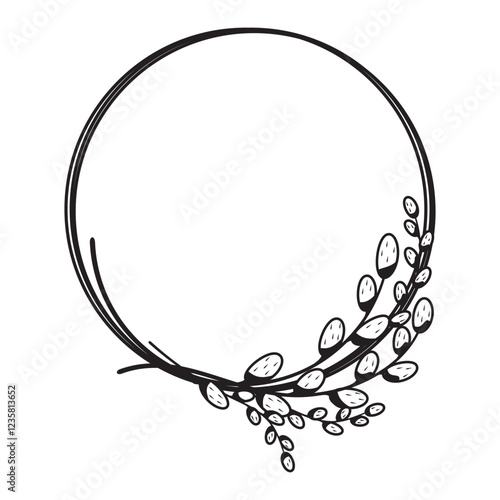 Festive round Easter Willow frame in doodle style