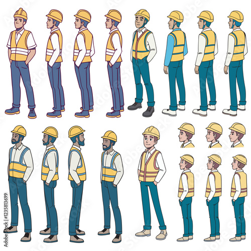 Construction worker, builder in helmet, vest, uniform vector illustration. Character constructor for animation. Front, side, and back view set. Body parts, postures, poses collection.