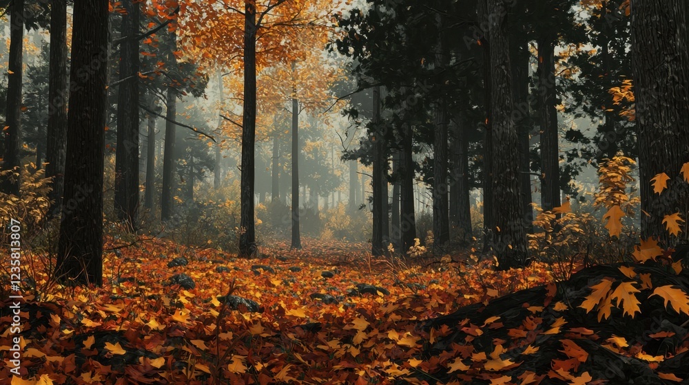A serene forest pathway is covered in vibrant orange and yellow leaves, surrounded by tall trees shrouded in morning mist, evoking a peaceful autumn atmosphere A serene forest pathway is covered in vibrant orange and yellow leaves, surrounded by tall trees shrouded in morning mist, evoking a peaceful autumn atmosphere
