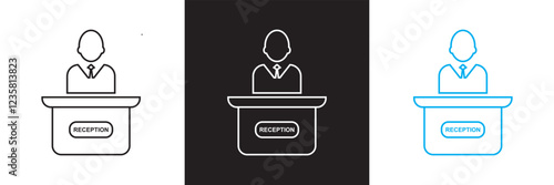 Reception desk icon set. Containing receptionist, hotel bell, customer service, counter, information, etc.  isolated on white and black background. vector illustration. EPS 10