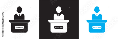 Reception desk icon set. Containing receptionist, hotel bell, customer service, counter, information, etc.  isolated on white and black background. vector illustration. EPS 10