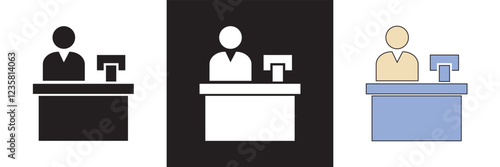 Reception desk icon set. Containing receptionist, hotel bell, customer service, counter, information, etc.  isolated on white and black background. vector illustration. EPS 10