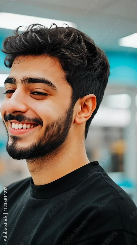Young man smiling brightly in a casual setting with soft lighting during daytime Young man smiling brightly in a casual setting with soft lighting during daytime