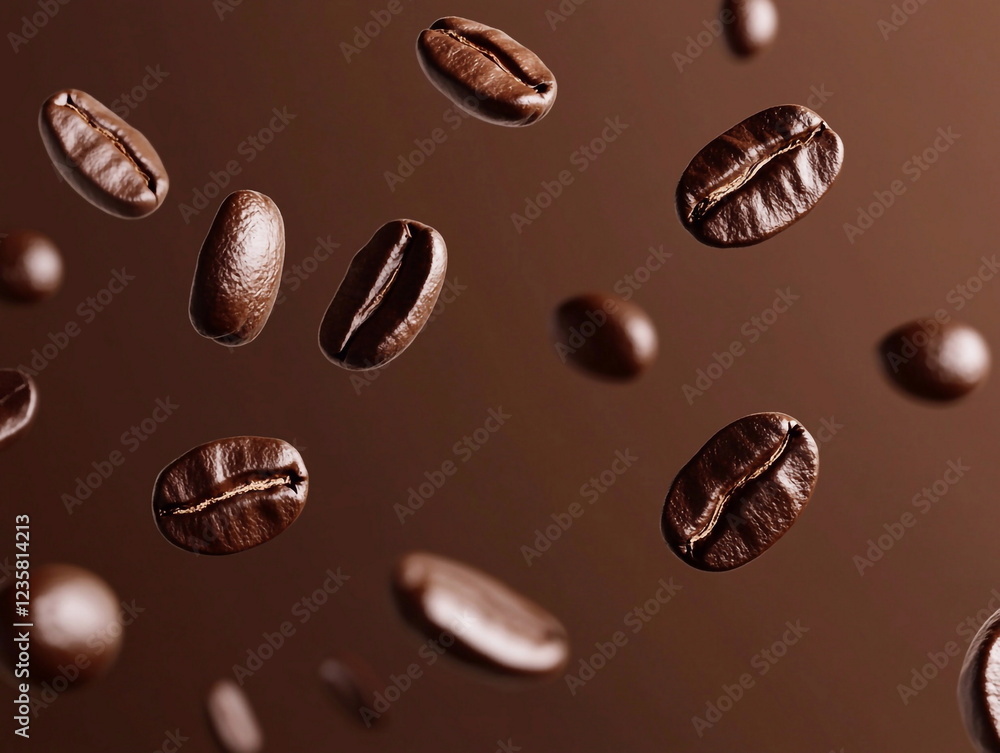 Floating coffee beans on a brown background. The rich aroma of f Floating coffee beans on a brown background. The rich aroma of f