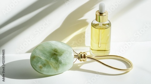 An elegant jade roller and gua sha stone set positioned next to a small bottle of facial oil, highlighted against a bright white background. photo