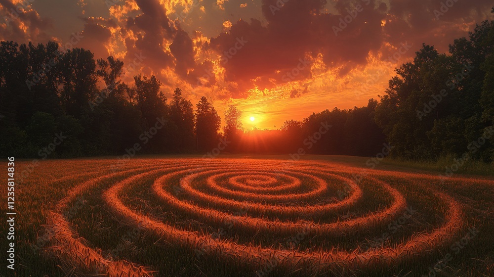 Sunset spiral crop field, fiery sky, mystery Sunset spiral crop field, fiery sky, mystery