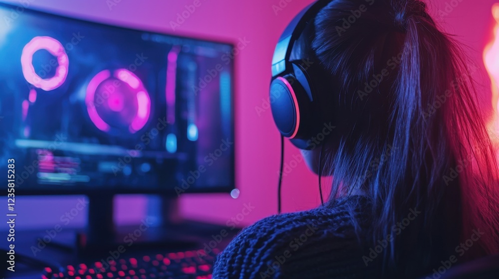 A person sits concentratively at a desk, wearing large headphones and focused on a computer screen filled with vibrant graphics A person sits concentratively at a desk, wearing large headphones and focused on a computer screen filled with vibrant graphics