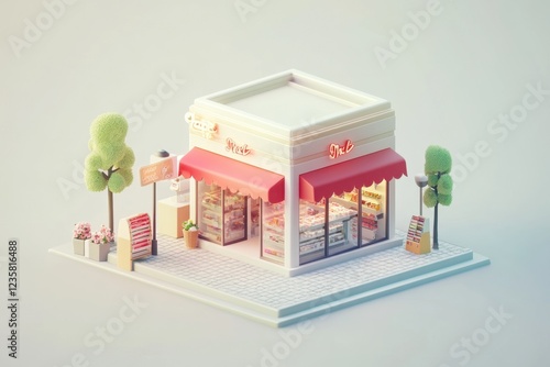 Cute minimalist 3D model of a small shop with awning, trees, and flowers.