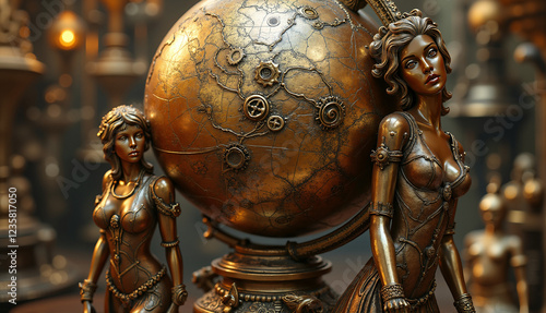 International globe, stylish statuesque women, vintage steampunk design, artistic background, copy space