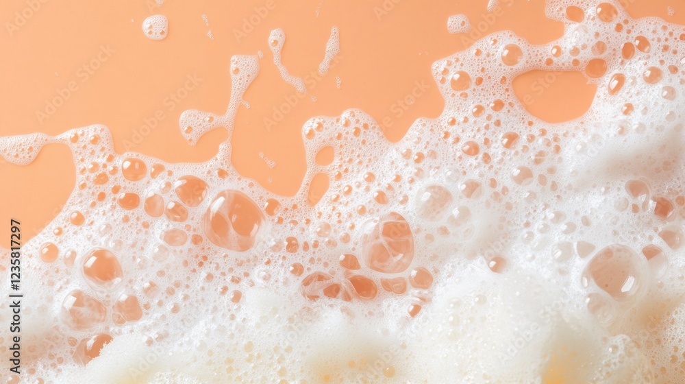Close up with soap foam and bubbles made of shampoo, lotion, detergent. Macro photo of spume on peach background. Banner with copy space for laundry, cleaning services, beauty, skin care concept Close up with soap foam and bubbles made of shampoo, lotion, detergent. Macro photo of spume on peach background. Banner with copy space for laundry, cleaning services, beauty, skin care concept