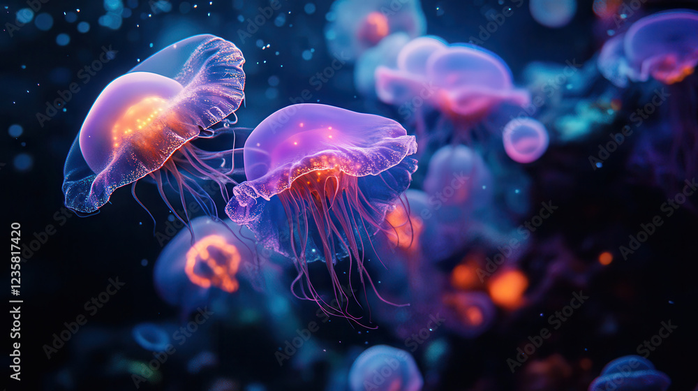 Naklejka premium Bioluminescent Dance: A mesmerizing cluster of glowing jellyfish pulsate through the deep, inky blue waters, their ethereal forms radiating a spectrum of vibrant hues.