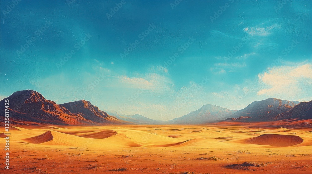 Fototapeta premium Endless expanses of golden sand dunes stretch across the horizon, flanked by rugged mountains under a bright blue sky. The midday sun illuminates this arid and tranquil desert location