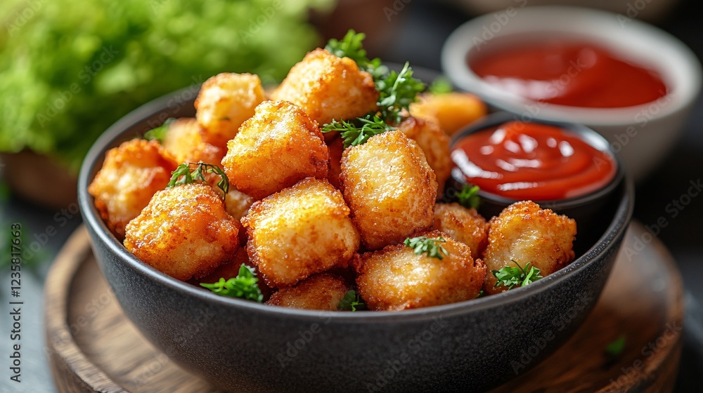 Rustic Scene of Golden Chicken Nuggets with Sauces Rustic Scene of Golden Chicken Nuggets with Sauces