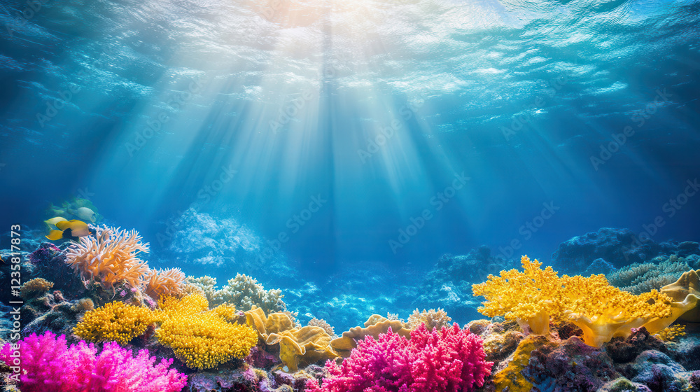 Fototapeta premium Sunlit Coral Reef: Vibrant coral formations in a spectrum of colors flourish beneath the ocean's surface, bathed in sunbeams that pierce the water.