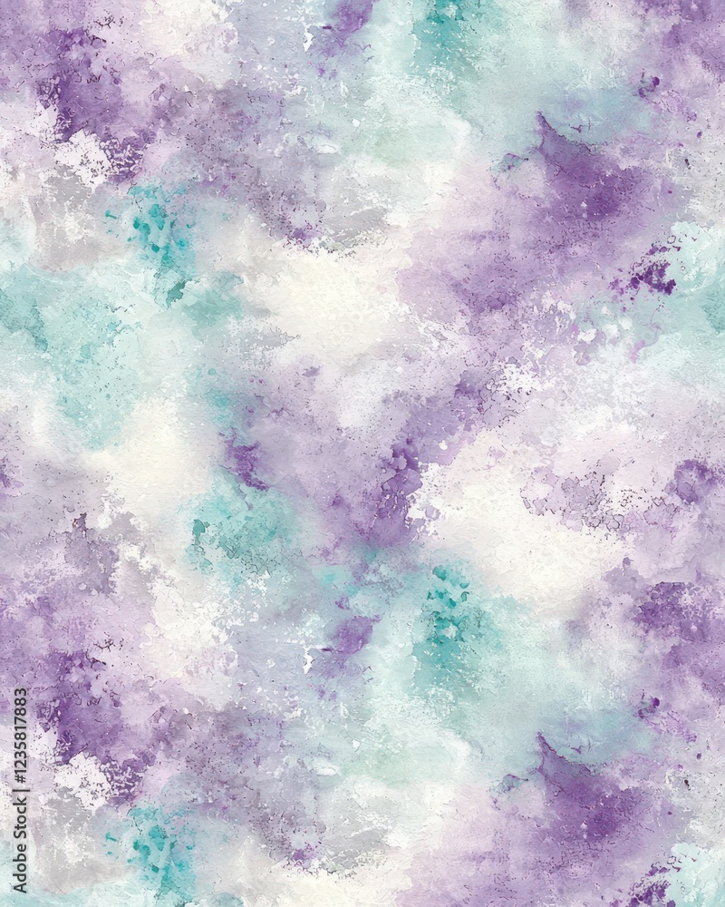 Fototapeta premium Dreamy watercolor art featuring abstract clouds in soft shades of purple, blue, and white, evoking a calming ethereal mood.