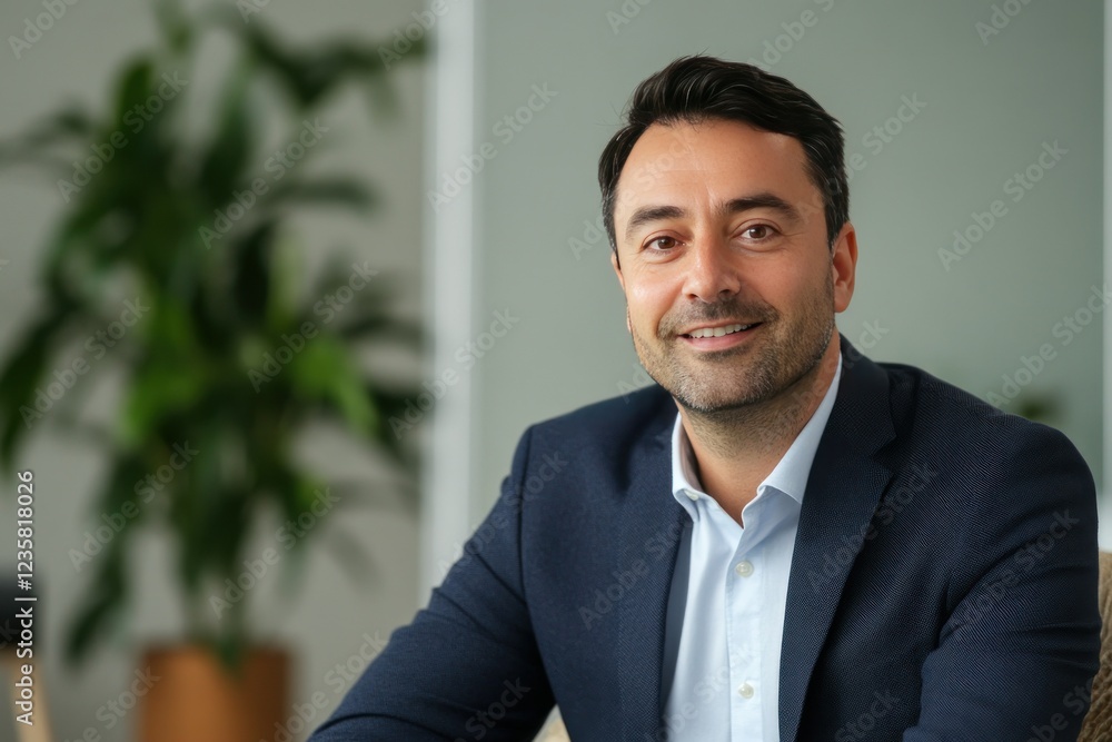 Confident Businessman Smiling in Modern Office Setting with Green Plant Background Confident Businessman Smiling in Modern Office Setting with Green Plant Background