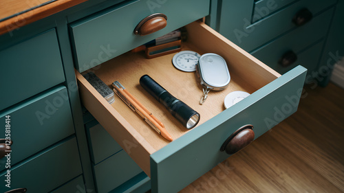 A flashlight in a drawer.