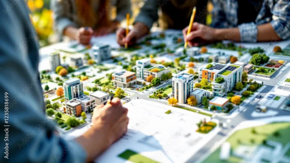 View of Urban planners sketching eco-friendly city layouts, solar panels, and ...