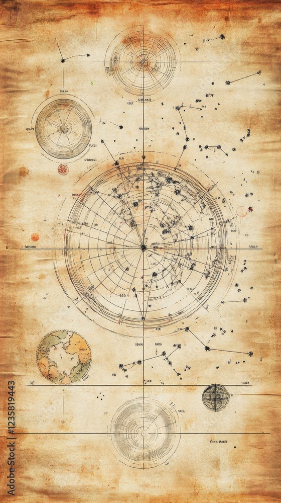Fototapeta premium An Antique Celestial Chart Depicting Stars and Planetary Orbits