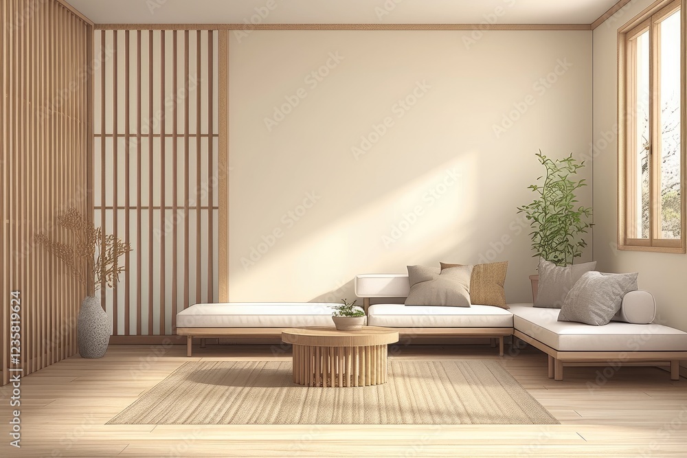 Fototapeta premium Serene Minimalist Living Room with Wooden Platform Seating and Natural Light