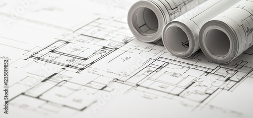 Rolled blueprints resting on architectural drawings.