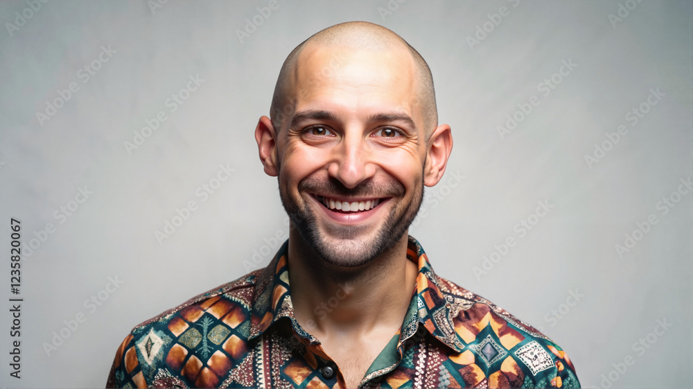 Obraz premium Bald man in patterned shirt smiling at camera