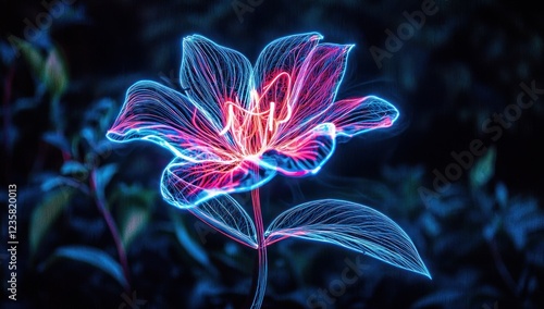 A luminous wireframe flower in vibrant blue and purple hues glowing against a dark black background, showcasing futuristic design.