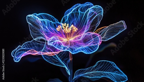 A luminous wireframe flower in vibrant blue and purple hues glowing against a dark black background, showcasing futuristic design.
