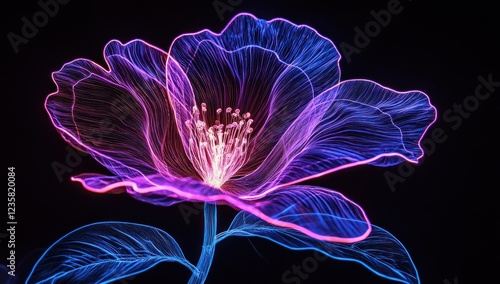 A luminous wireframe flower in vibrant blue and purple hues glowing against a dark black background, showcasing futuristic design.