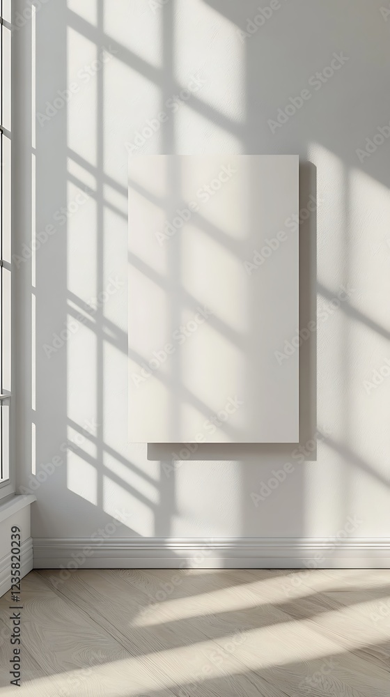 A minimalist white canvas on a wall, illuminated by natural light and shadows. A minimalist white canvas on a wall, illuminated by natural light and shadows.
