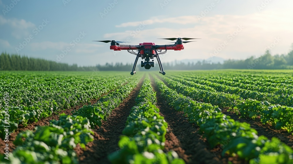 An automated drone fertilizes a large expanse of healthy vegetable plants under the clear sky. Robotics in agriculture, future farming. An automated drone fertilizes a large expanse of healthy vegetable plants under the clear sky. Robotics in agriculture, future farming.